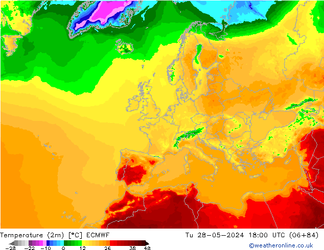 Temperature (2m) ECMWF Tu 28.05.2024 18 UTC