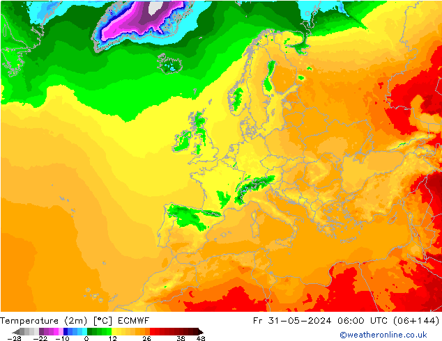 Temperatuurkaart (2m) ECMWF vr 31.05.2024 06 UTC