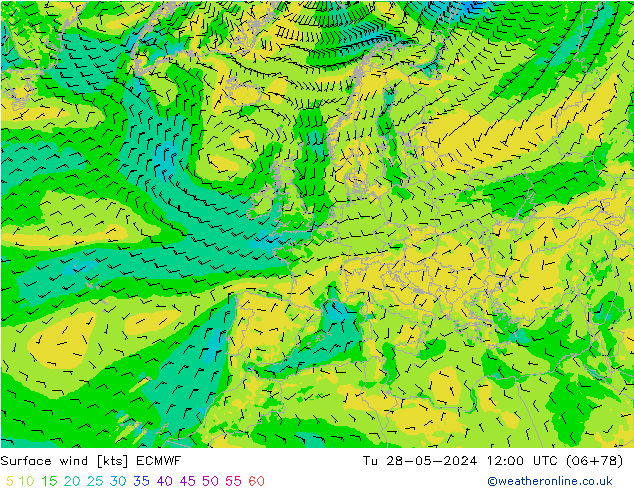 ветер 10 m ECMWF вт 28.05.2024 12 UTC