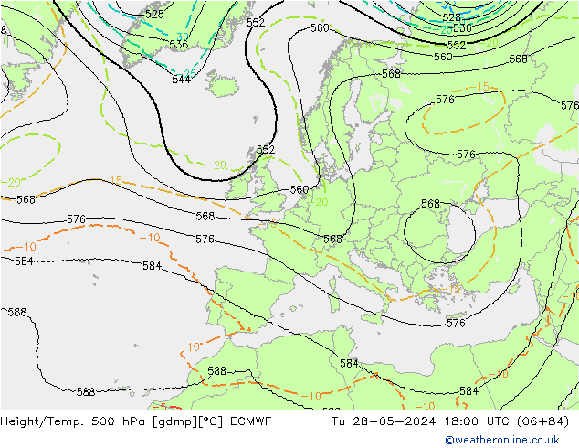 Hoogte/Temp. 500 hPa ECMWF di 28.05.2024 18 UTC