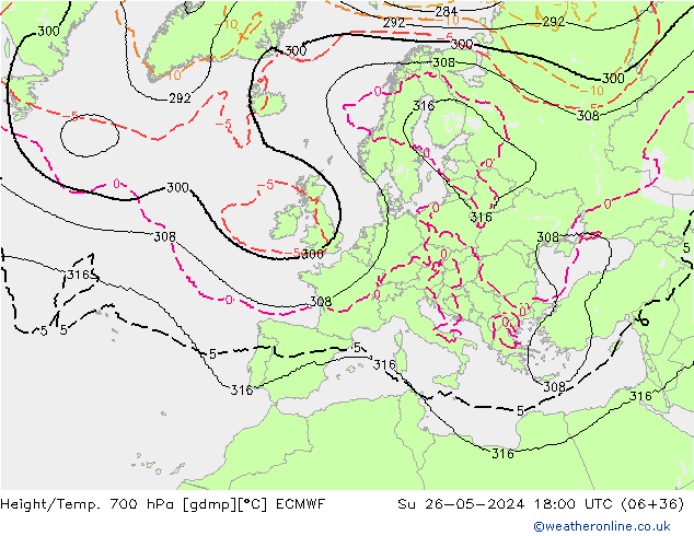 Height/Temp. 700 hPa ECMWF Su 26.05.2024 18 UTC