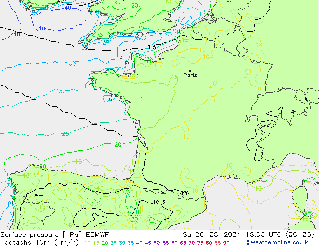 Isotachs (kph) ECMWF  26.05.2024 18 UTC