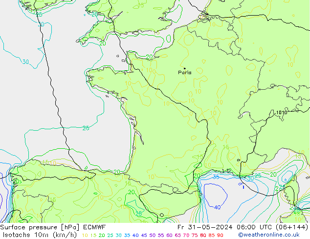 Isotachs (kph) ECMWF Pá 31.05.2024 06 UTC