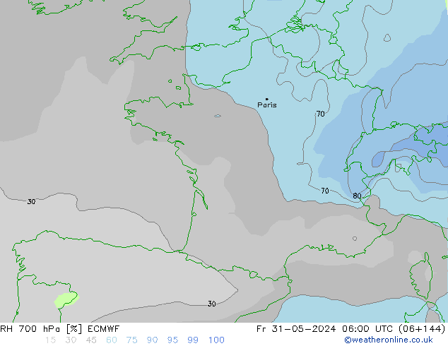 Humidité rel. 700 hPa ECMWF ven 31.05.2024 06 UTC