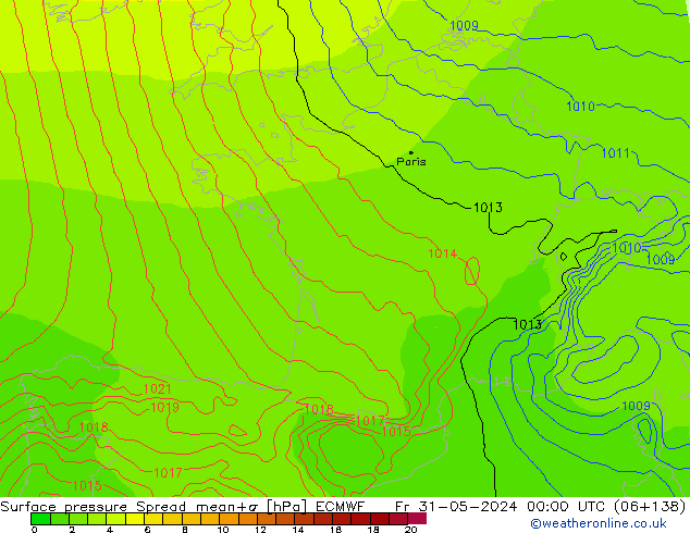 Surface pressure Spread ECMWF Fr 31.05.2024 00 UTC