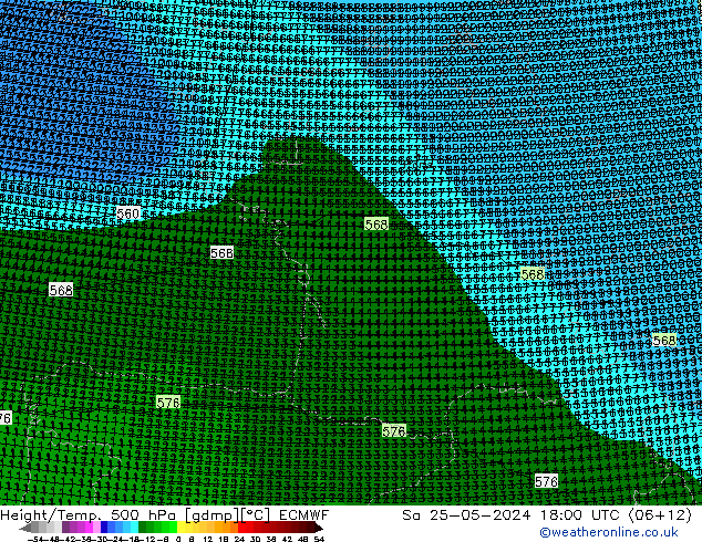 Hoogte/Temp. 500 hPa ECMWF za 25.05.2024 18 UTC