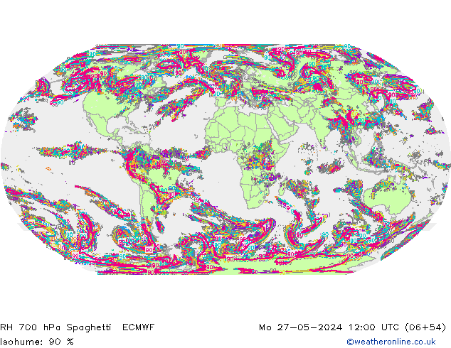 RH 700 hPa Spaghetti ECMWF Mo 27.05.2024 12 UTC