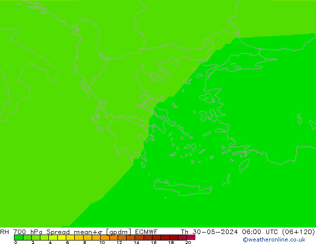 RH 700 hPa Spread ECMWF Čt 30.05.2024 06 UTC