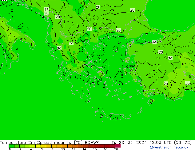 Temperatura 2m Spread ECMWF mar 28.05.2024 12 UTC