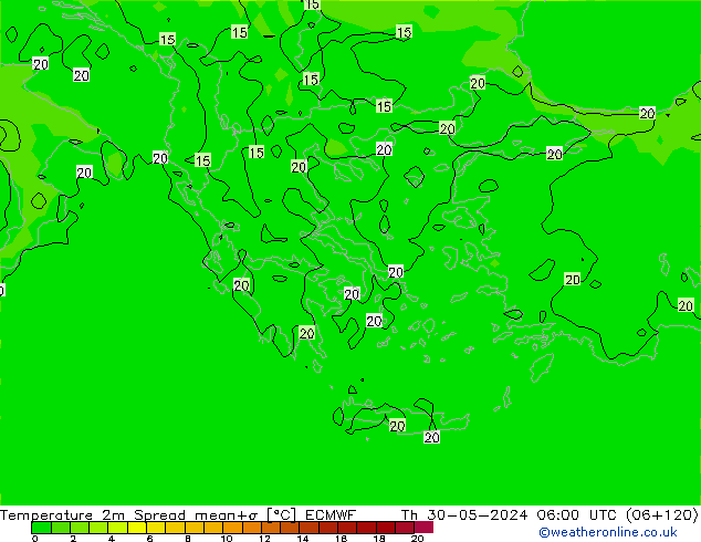 mapa temperatury 2m Spread ECMWF czw. 30.05.2024 06 UTC