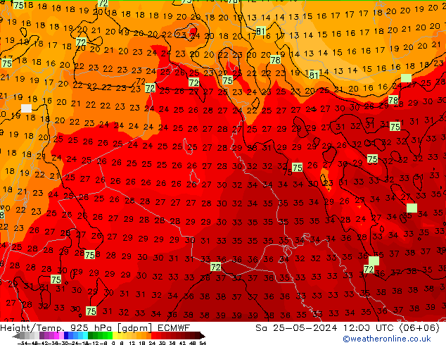 Height/Temp. 925 hPa ECMWF So 25.05.2024 12 UTC