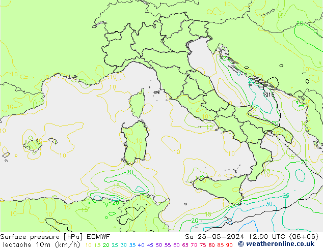 Izotacha (km/godz) ECMWF so. 25.05.2024 12 UTC