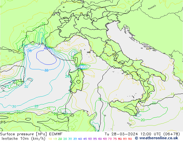 Isotaca (kph) ECMWF mar 28.05.2024 12 UTC