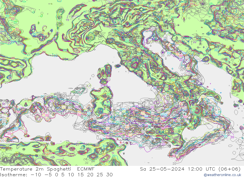 Temperature 2m Spaghetti ECMWF So 25.05.2024 12 UTC