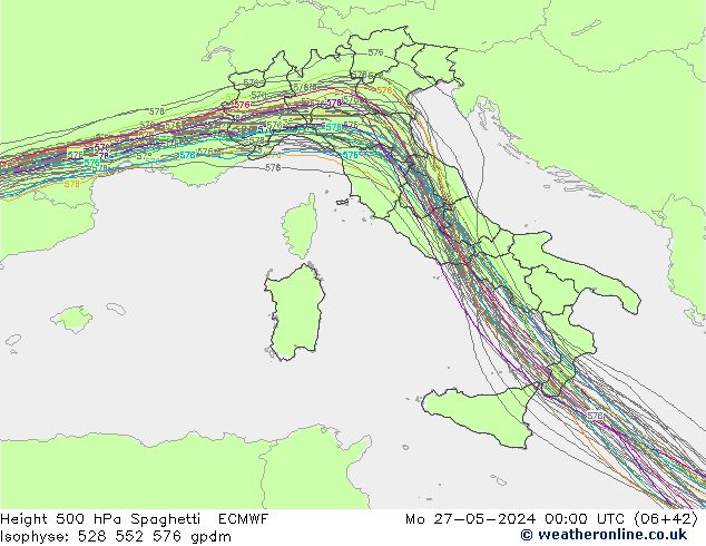 Height 500 hPa Spaghetti ECMWF  27.05.2024 00 UTC