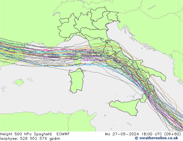 Height 500 hPa Spaghetti ECMWF lun 27.05.2024 18 UTC