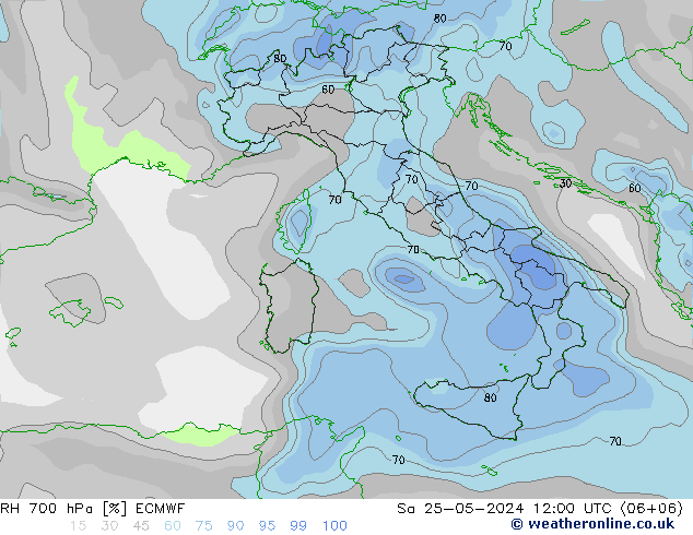 RH 700 hPa ECMWF so. 25.05.2024 12 UTC