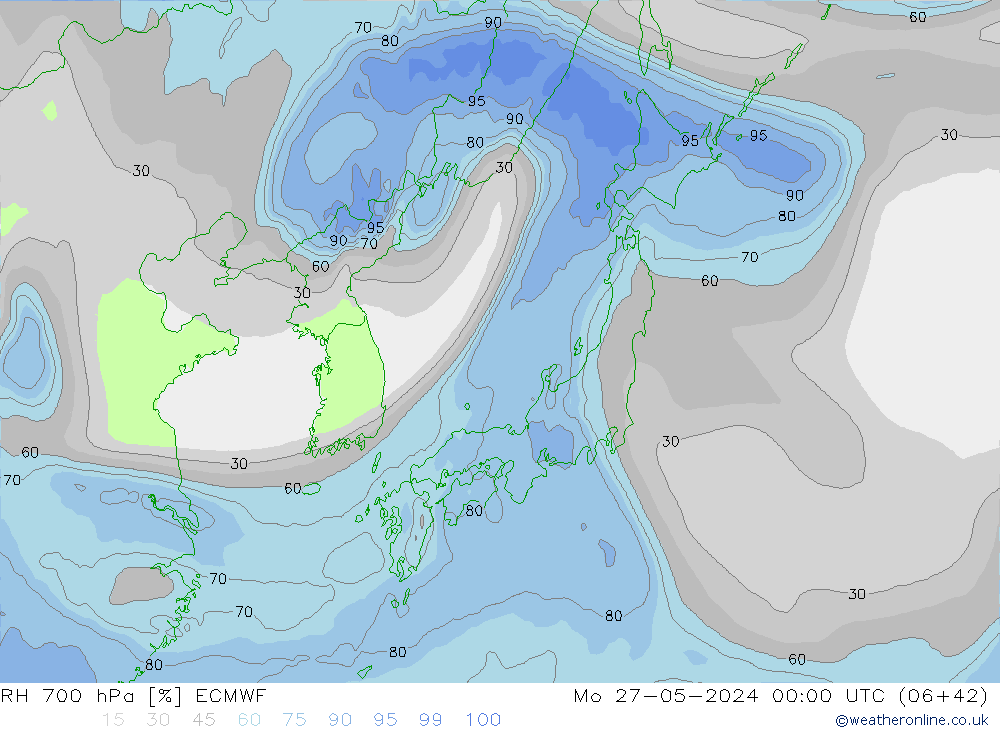 Humidité rel. 700 hPa ECMWF lun 27.05.2024 00 UTC