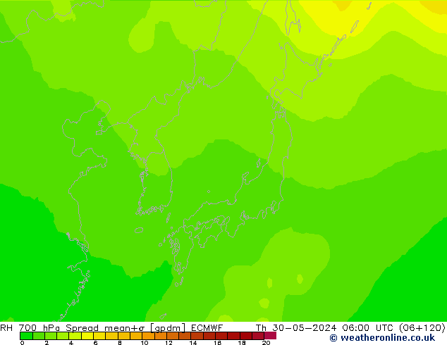 RH 700 hPa Spread ECMWF Čt 30.05.2024 06 UTC