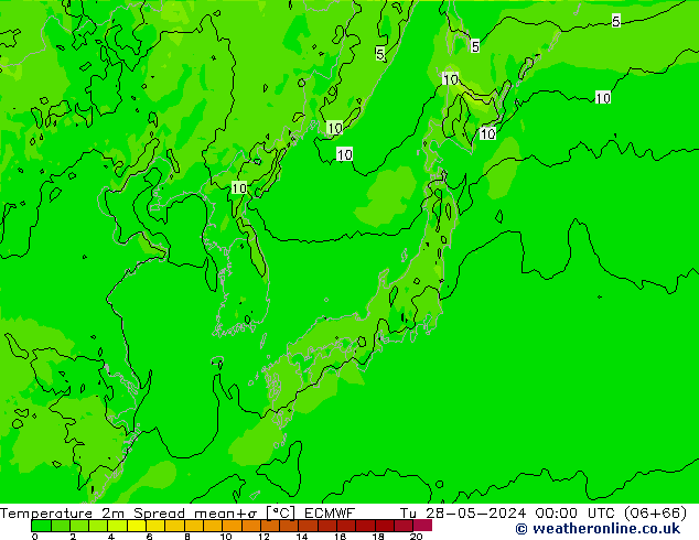température 2m Spread ECMWF mar 28.05.2024 00 UTC