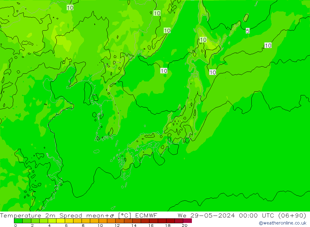 température 2m Spread ECMWF mer 29.05.2024 00 UTC