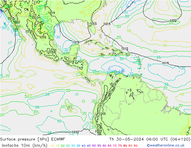 Isotachs (kph) ECMWF Th 30.05.2024 06 UTC