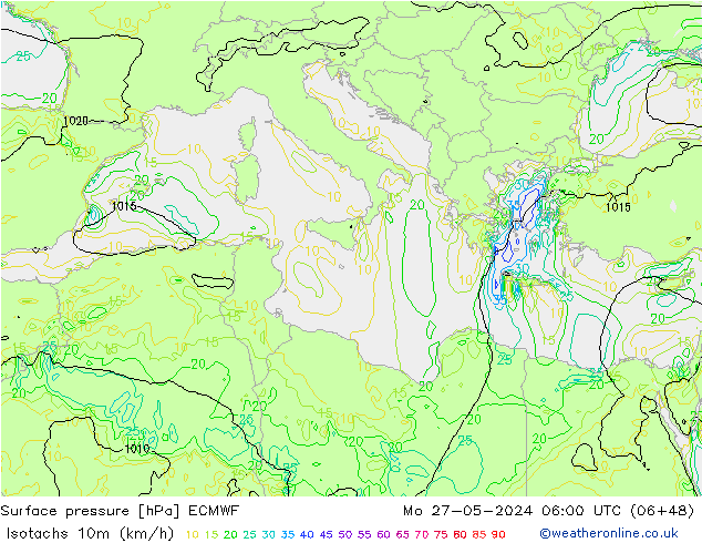 Isotachs (kph) ECMWF пн 27.05.2024 06 UTC