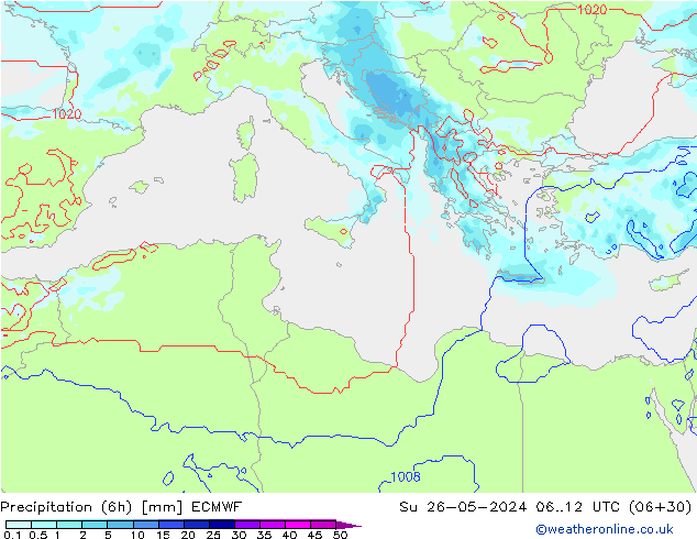 Precipitation (6h) ECMWF Su 26.05.2024 12 UTC