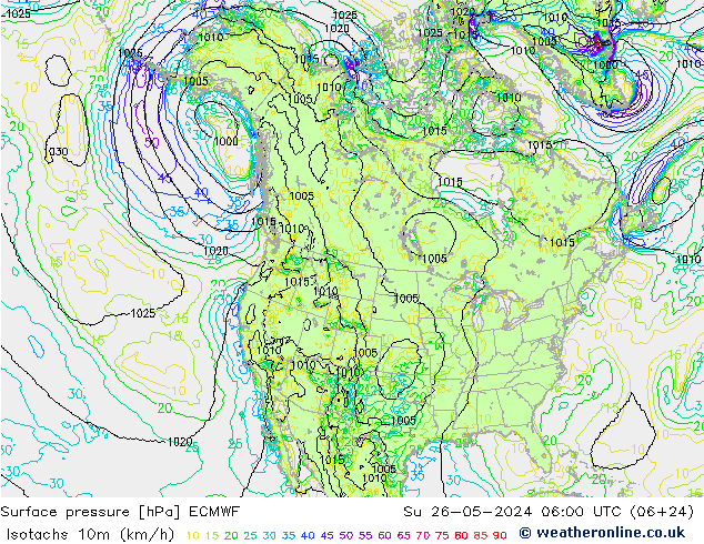 Isotachs (kph) ECMWF Su 26.05.2024 06 UTC