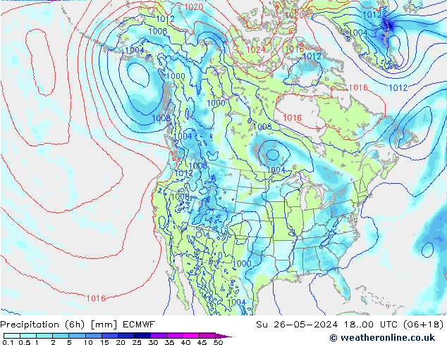 Totale neerslag (6h) ECMWF zo 26.05.2024 00 UTC