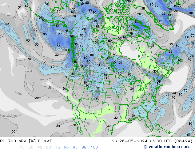 Humedad rel. 700hPa ECMWF dom 26.05.2024 06 UTC