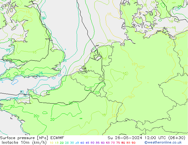 Isotachen (km/h) ECMWF zo 26.05.2024 12 UTC