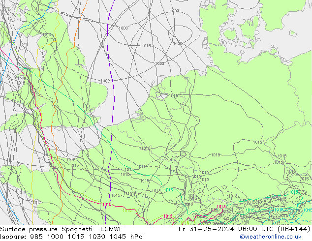 Bodendruck Spaghetti ECMWF Fr 31.05.2024 06 UTC