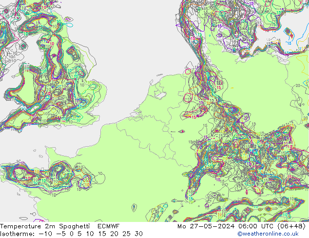 Temperature 2m Spaghetti ECMWF Mo 27.05.2024 06 UTC