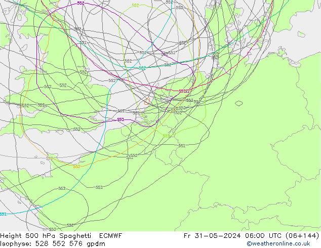 Height 500 hPa Spaghetti ECMWF Sex 31.05.2024 06 UTC