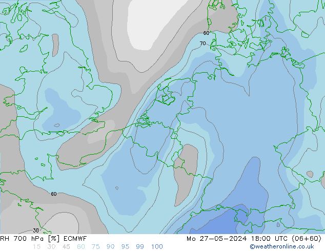 Humidité rel. 700 hPa ECMWF lun 27.05.2024 18 UTC