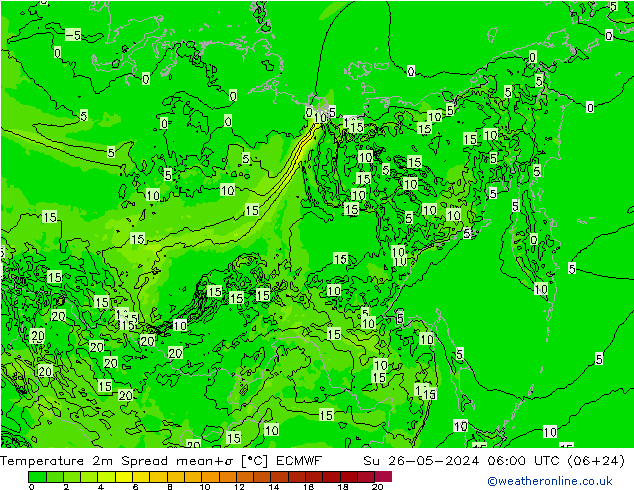 Temperature 2m Spread ECMWF Su 26.05.2024 06 UTC