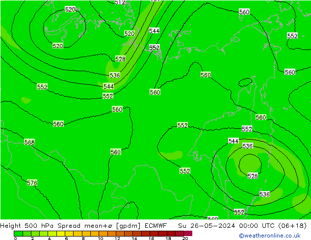 Hoogte 500 hPa Spread ECMWF zo 26.05.2024 00 UTC