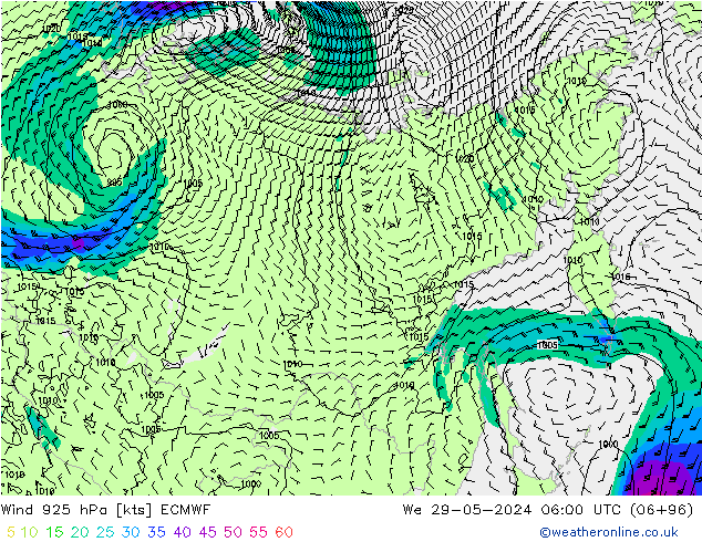 Vent 925 hPa ECMWF mer 29.05.2024 06 UTC