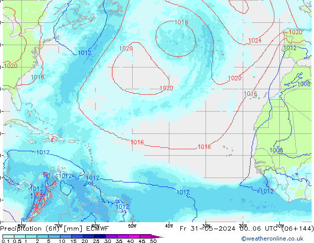 Totale neerslag (6h) ECMWF vr 31.05.2024 06 UTC