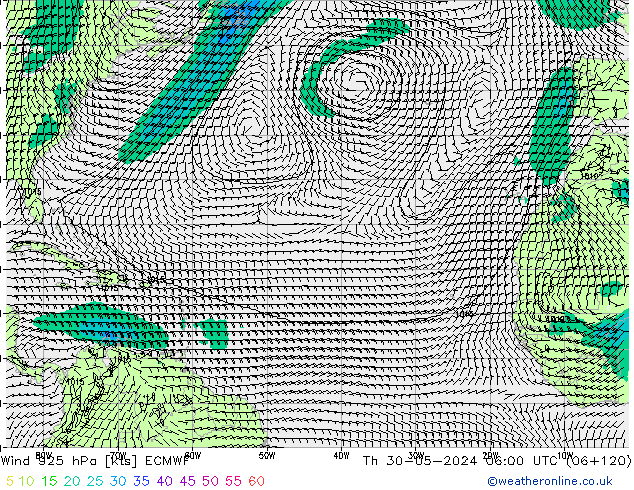 Vento 925 hPa ECMWF gio 30.05.2024 06 UTC