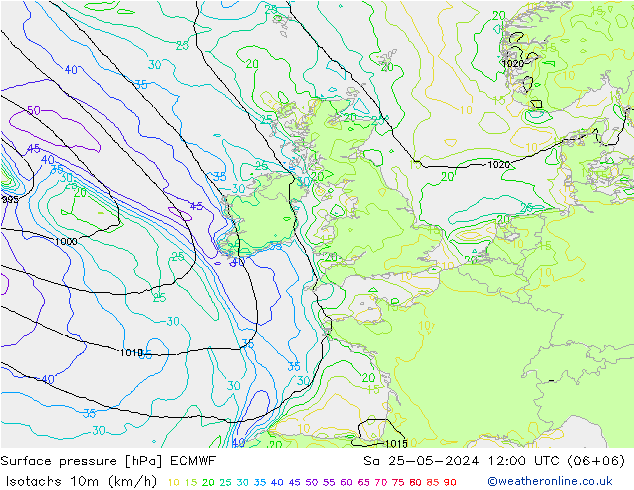 Isotachs (kph) ECMWF сб 25.05.2024 12 UTC