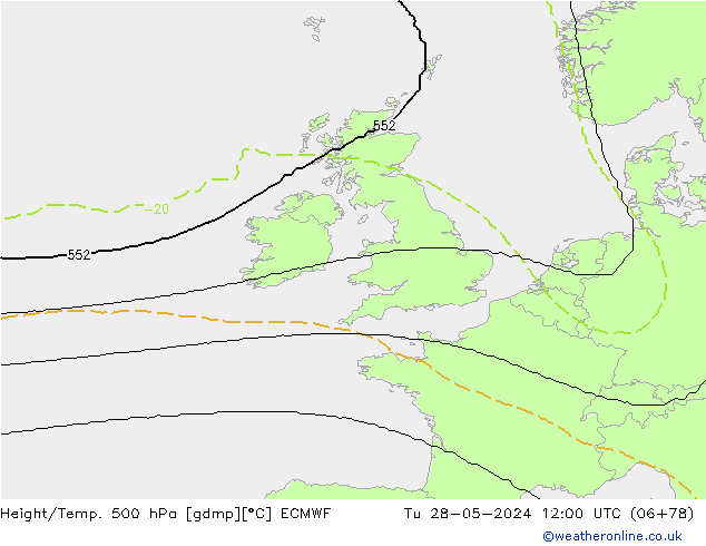 Height/Temp. 500 hPa ECMWF Di 28.05.2024 12 UTC