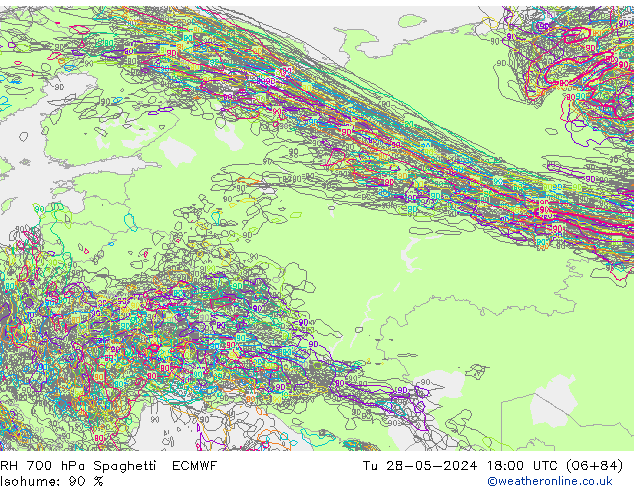Humidité rel. 700 hPa Spaghetti ECMWF mar 28.05.2024 18 UTC