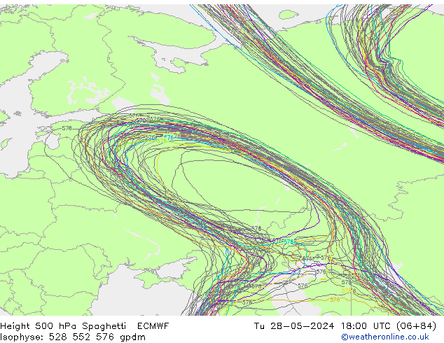Height 500 hPa Spaghetti ECMWF wto. 28.05.2024 18 UTC