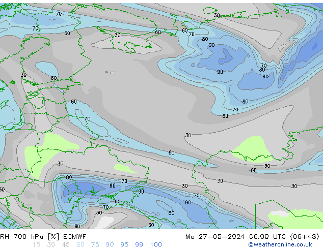 RH 700 hPa ECMWF pon. 27.05.2024 06 UTC