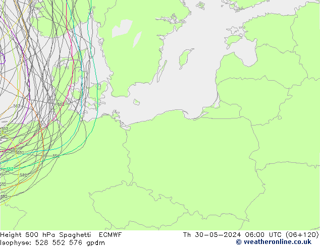 Geop. 500 hPa Spaghetti ECMWF jue 30.05.2024 06 UTC