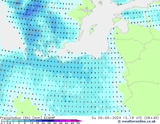 Precipitazione (6h) ECMWF dom 26.05.2024 18 UTC