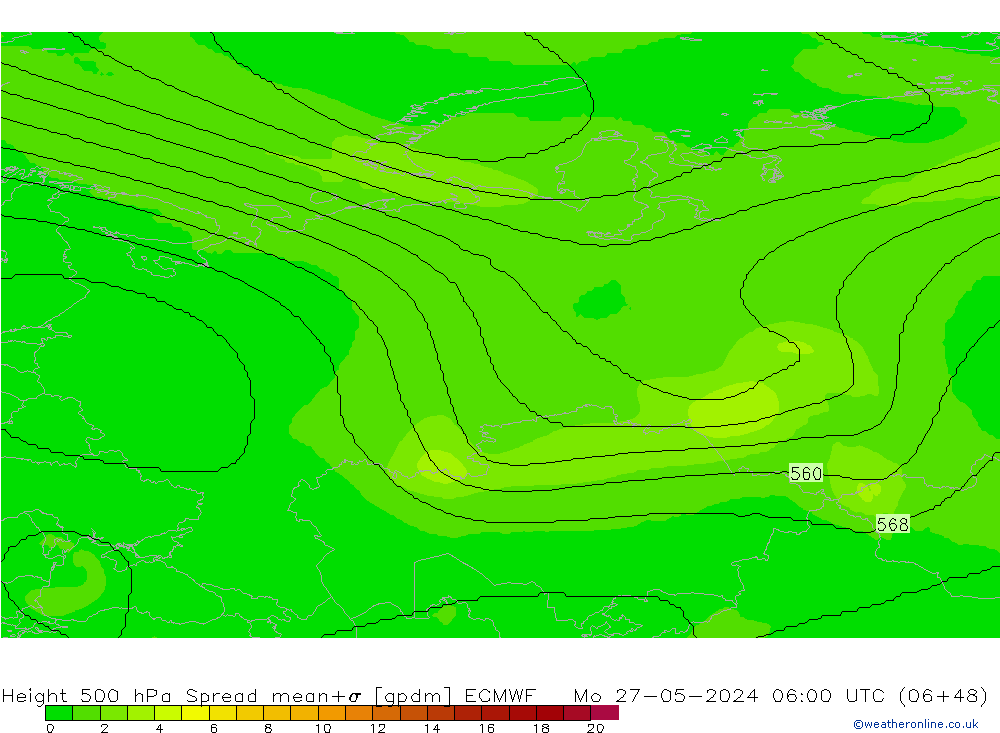 Height 500 hPa Spread ECMWF pon. 27.05.2024 06 UTC