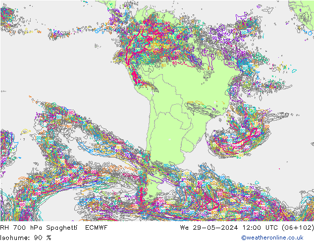 RH 700 hPa Spaghetti ECMWF We 29.05.2024 12 UTC